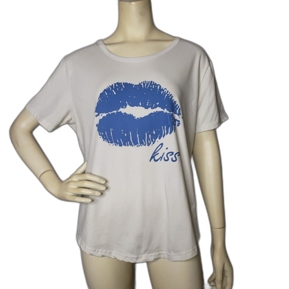 White T Shirt with Blue Lips Graphic Womens Size XL - Picture 1 of 4